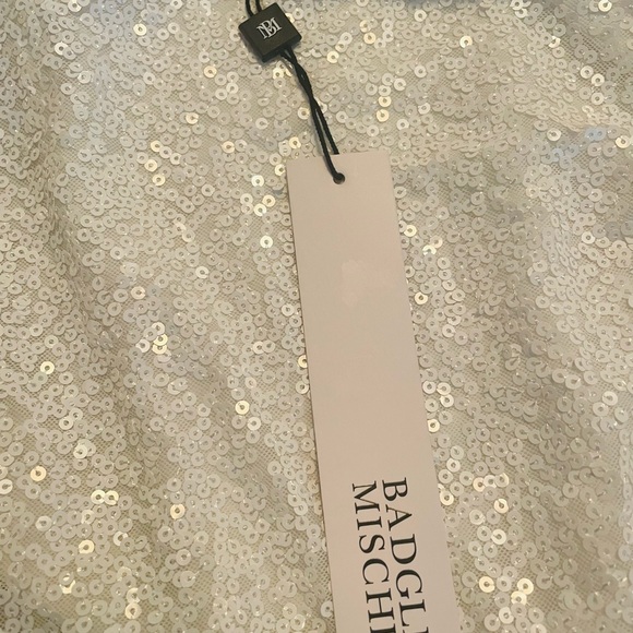 BADGLEY MISCHKA Sequin Asymmetric Drape Shoulder gown, Ivory, size 12 - Picture 6 of 7